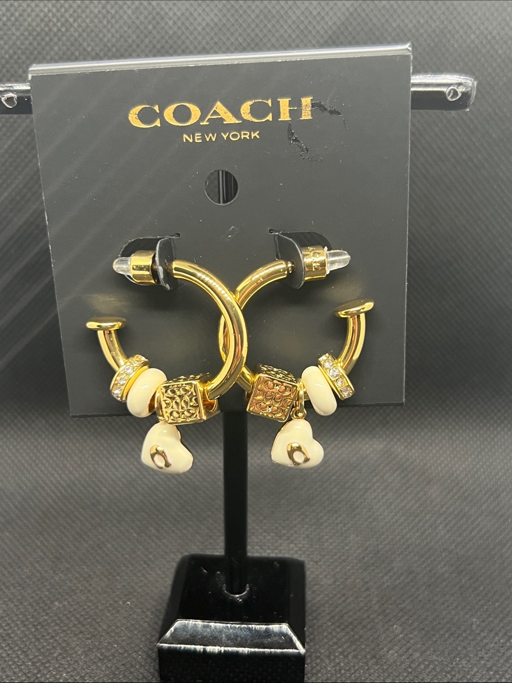 COACH Gold Hoop Earrings with Cream Heart Dangles